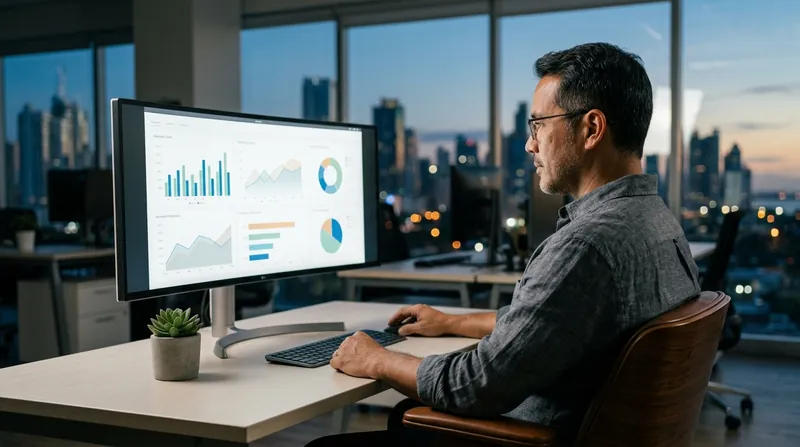 Líder empresarial revisando dashboards de analítica y datos de mercado desde una oficina moderna