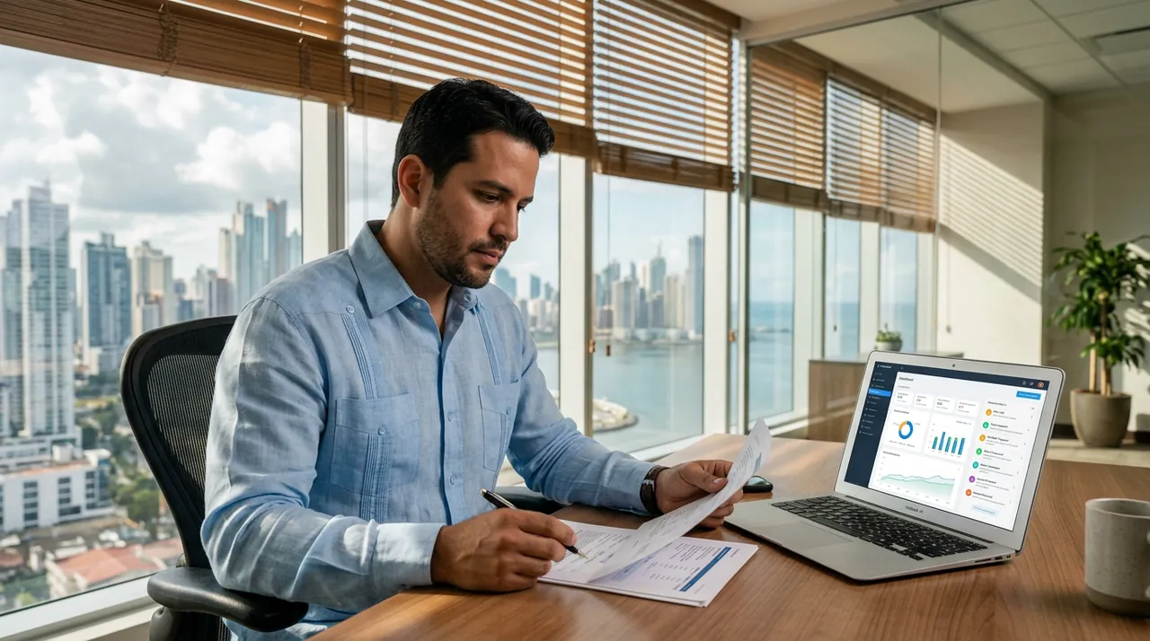 Business leader reviewing automation dashboard in a Panama City office