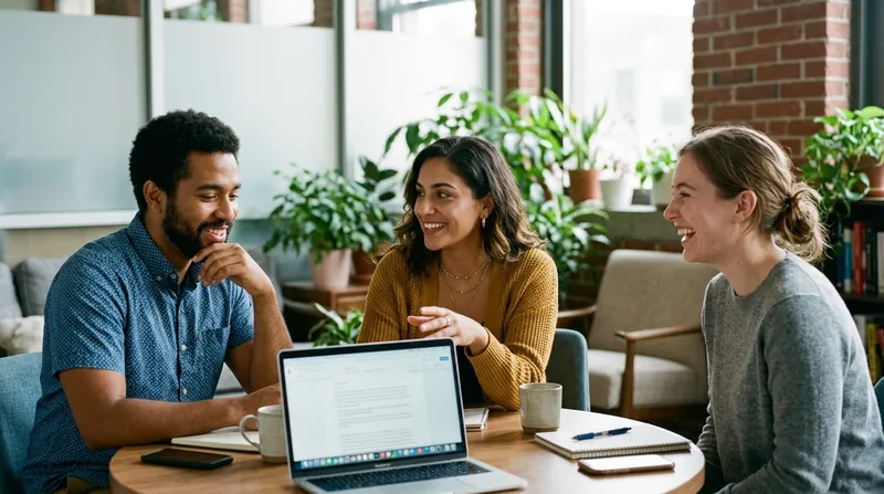 Un equipo pequeño reunido alrededor de una laptop, con energía y en plena conversación en una oficina soleada y llena de plantas