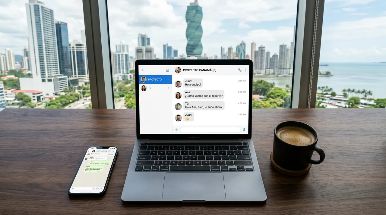 Laptop y teléfono con interfaz de chat en una oficina moderna en Panamá