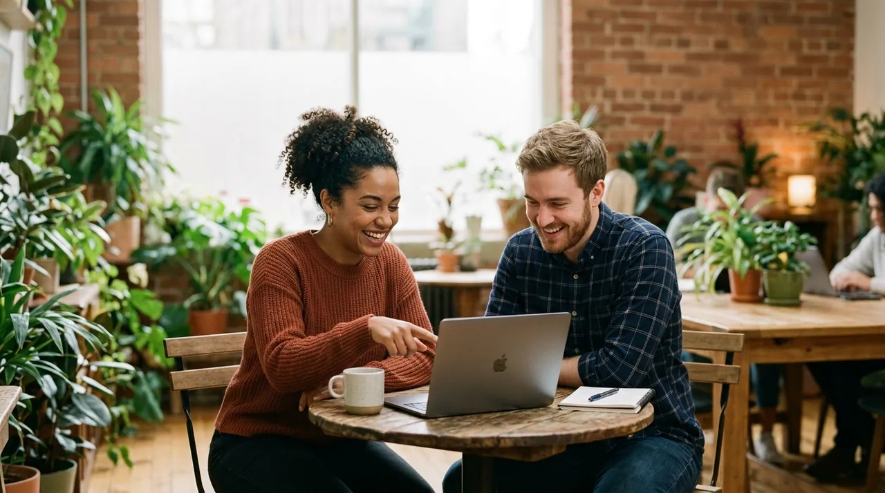 Dos colegas sonriendo juntos frente a una laptop en una oficina luminosa y llena de plantas
