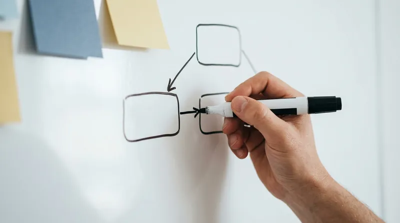 Una mano dibujando un diagrama de flujo simple de cajas conectadas en una pizarra