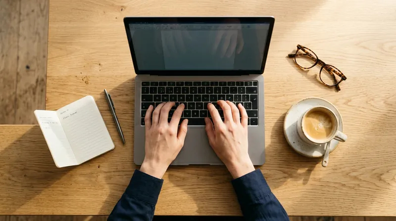 Vista cenital de unas manos escribiendo en una laptop sobre una mesa de café soleada